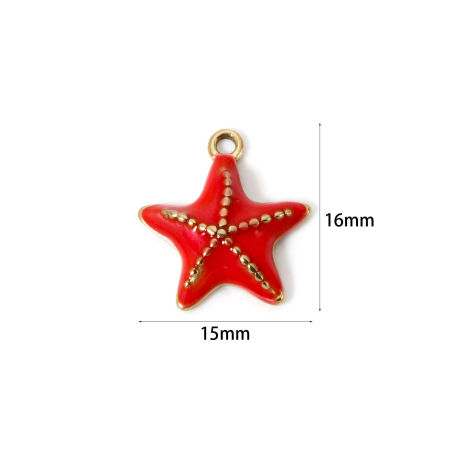 Image de 1 Pièce Breloques en 304 Acier Inoxydable Imperméable Anti-ternissement Hypoallergénique Revêtement sous Vide PVD Respectueux de l'Environnement Bijoux d'Océan Etoile de Mer Plaqué Or Véritable 14K Rouge Pastèque Émail 16mm x 15mm