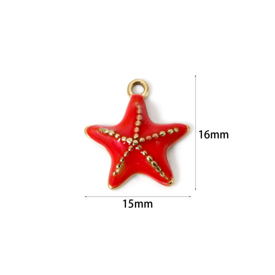 Imagen de 1 Unidad Recubrimiento al Vacío PVD Ecológico 304 Acero Inoxidable Joyería del océano Colgantes Estrella de mar 14K Oro Real Chapado Rojo Sandía Esmalte 16mm x 15mm