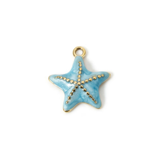 Imagen de 1 Unidad Recubrimiento al Vacío PVD Ecológico 304 Acero Inoxidable Joyería del océano Colgantes Estrella de mar 14K Oro Real Chapado Azul Claro Esmalte 16mm x 15mm