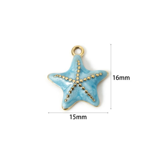 Imagen de 1 Unidad Recubrimiento al Vacío PVD Ecológico 304 Acero Inoxidable Joyería del océano Colgantes Estrella de mar 14K Oro Real Chapado Azul Claro Esmalte 16mm x 15mm