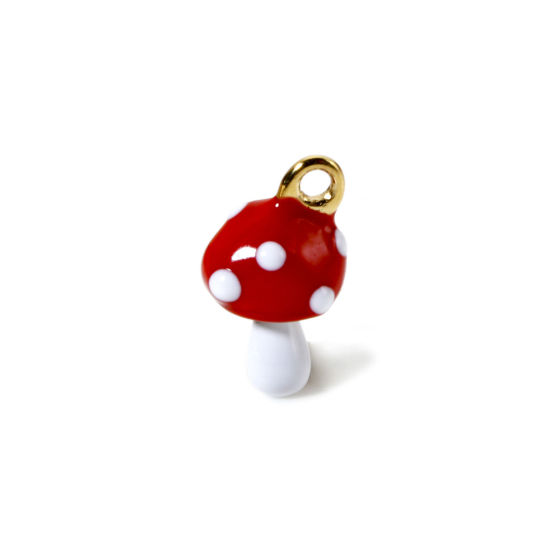 Image de 1 Pièce Breloques en 304 Acier Inoxydable Revêtement sous Vide PVD Respectueux de l'Environnement 3D Champignon Plaqué Or Véritable 14K Rouge Émail 14mm x 8mm