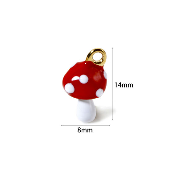 Image de 1 Pièce Breloques en 304 Acier Inoxydable Revêtement sous Vide PVD Respectueux de l'Environnement 3D Champignon Plaqué Or Véritable 14K Rouge Émail 14mm x 8mm