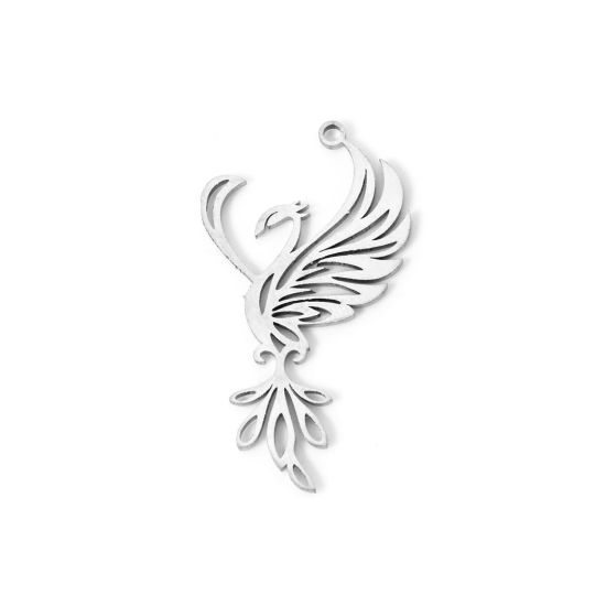 Picture of 2 PCs Eco-friendly 304 Stainless Steel Fairy Tale Collection Pendants Silver Tone Phoenix Hollow 3cm x 1.7cm