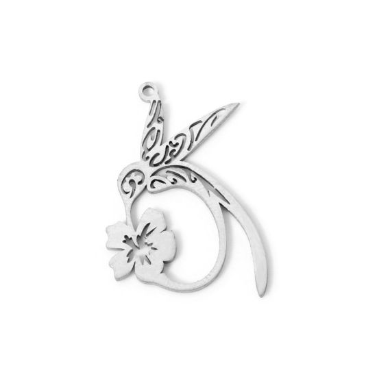 Picture of 2 PCs Eco-friendly 304 Stainless Steel Charms Silver Tone Hummingbird Flower Hollow 29mm x 22mm