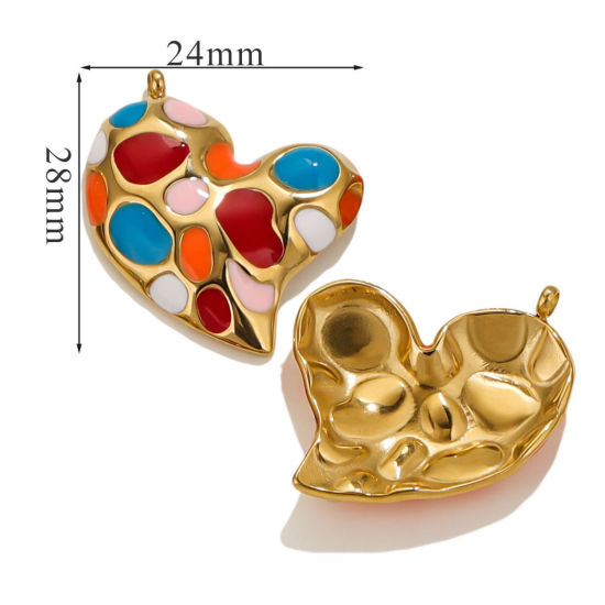 Picture of 1 Piece Eco-friendly Vacuum Plating 304 Stainless Steel Valentine's Day Charms 18K Gold Plated Multicolor Heart Spot Enamel 28mm x 24mm