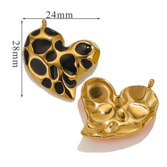Picture of 1 Piece Eco-friendly Vacuum Plating 304 Stainless Steel Valentine's Day Charms 18K Gold Plated Black Heart Spot Enamel 28mm x 24mm