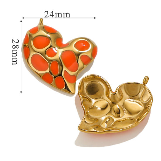 Picture of 1 Piece Eco-friendly Vacuum Plating 304 Stainless Steel Valentine's Day Charms 18K Gold Plated Orange Heart Spot Enamel 28mm x 24mm