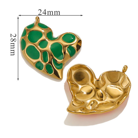 Picture of 1 Piece Eco-friendly Vacuum Plating 304 Stainless Steel Valentine's Day Charms 18K Gold Plated Green Heart Spot Enamel 28mm x 24mm