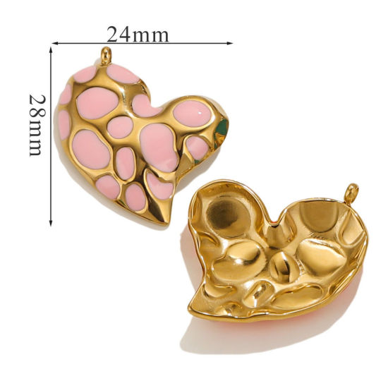 Picture of 1 Piece Eco-friendly Vacuum Plating 304 Stainless Steel Valentine's Day Charms 18K Gold Plated Pink Heart Spot Enamel 28mm x 24mm