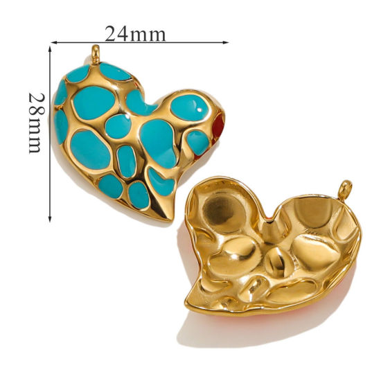Picture of 1 Piece Eco-friendly Vacuum Plating 304 Stainless Steel Valentine's Day Charms 18K Gold Plated Lake Blue Heart Spot Enamel 28mm x 24mm