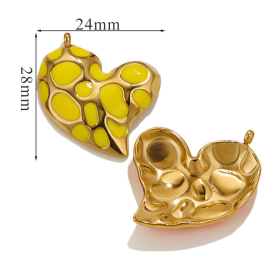Picture of 1 Piece Eco-friendly Vacuum Plating 304 Stainless Steel Valentine's Day Charms 18K Gold Plated Yellow Heart Spot Enamel 28mm x 24mm