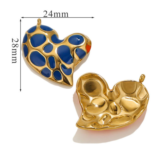 Picture of 1 Piece Eco-friendly Vacuum Plating 304 Stainless Steel Valentine's Day Charms 18K Gold Plated Dark Blue Heart Spot Enamel 28mm x 24mm