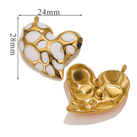 Picture of 1 Piece Eco-friendly Vacuum Plating 304 Stainless Steel Valentine's Day Charms 18K Gold Plated White Heart Spot Enamel 28mm x 24mm
