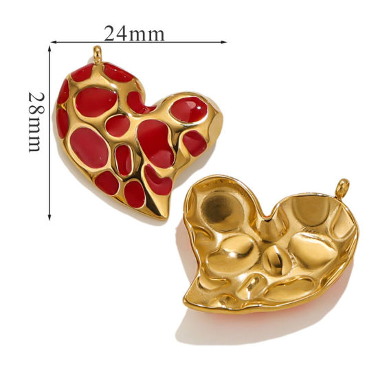 Picture of 1 Piece Eco-friendly Vacuum Plating 304 Stainless Steel Valentine's Day Charms 18K Gold Plated Red Heart Spot Enamel 28mm x 24mm