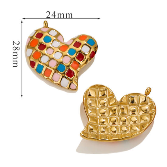 Picture of 1 Piece Eco-friendly Vacuum Plating 304 Stainless Steel Valentine's Day Charms 18K Gold Plated Multicolor Heart Grid Checker Enamel 28mm x 24mm