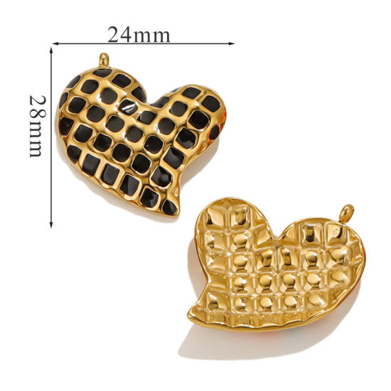 Picture of 1 Piece Eco-friendly Vacuum Plating 304 Stainless Steel Valentine's Day Charms 18K Gold Plated Black Heart Grid Checker Enamel 28mm x 24mm