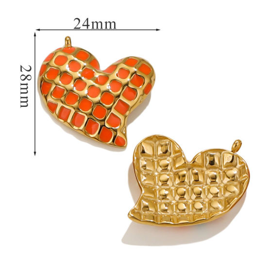 Picture of 1 Piece Eco-friendly Vacuum Plating 304 Stainless Steel Valentine's Day Charms 18K Gold Plated Orange Heart Grid Checker Enamel 28mm x 24mm