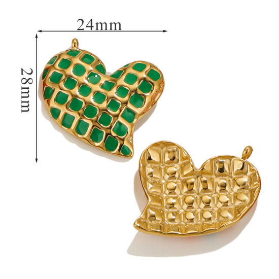 Picture of 1 Piece Eco-friendly Vacuum Plating 304 Stainless Steel Valentine's Day Charms 18K Gold Plated Green Heart Grid Checker Enamel 28mm x 24mm