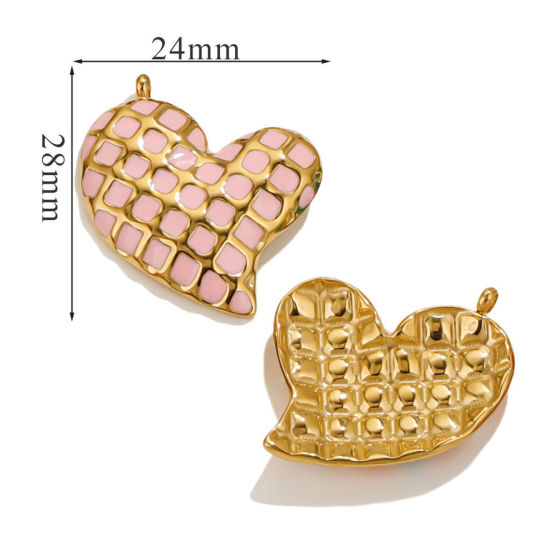 Picture of 1 Piece Eco-friendly Vacuum Plating 304 Stainless Steel Valentine's Day Charms 18K Gold Plated Pink Heart Grid Checker Enamel 28mm x 24mm