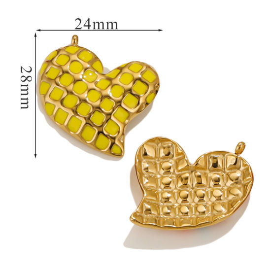 Picture of 1 Piece Eco-friendly Vacuum Plating 304 Stainless Steel Valentine's Day Charms 18K Gold Plated Yellow Heart Grid Checker Enamel 28mm x 24mm