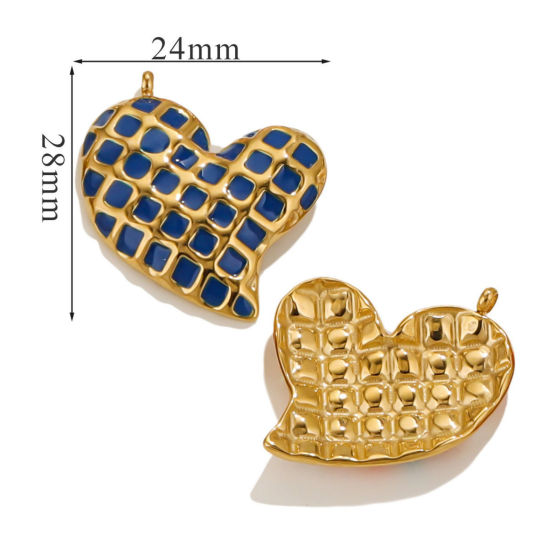 Picture of 1 Piece Eco-friendly Vacuum Plating 304 Stainless Steel Valentine's Day Charms 18K Gold Plated Dark Blue Heart Grid Checker Enamel 28mm x 24mm