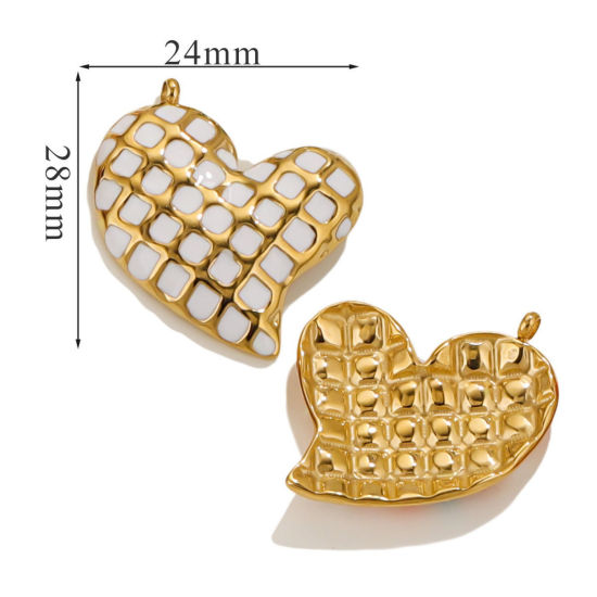 Picture of 1 Piece Eco-friendly Vacuum Plating 304 Stainless Steel Valentine's Day Charms 18K Gold Plated White Heart Grid Checker Enamel 28mm x 24mm