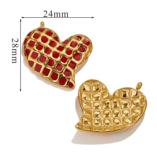 Picture of 1 Piece Eco-friendly Vacuum Plating 304 Stainless Steel Valentine's Day Charms 18K Gold Plated Red Heart Grid Checker Enamel 28mm x 24mm