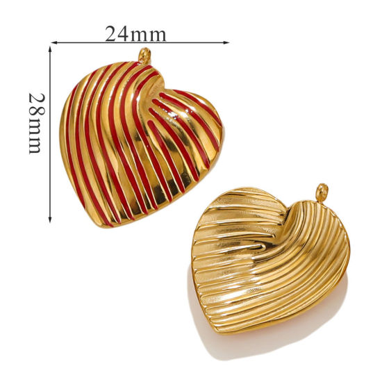 Picture of 1 Piece Eco-friendly Vacuum Plating 304 Stainless Steel Valentine's Day Charms 18K Gold Plated Red Heart Stripe Enamel 28mm x 24mm