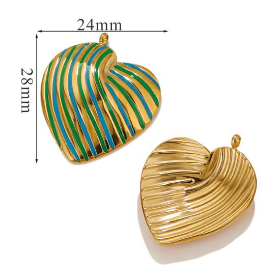 Picture of 1 Piece Eco-friendly Vacuum Plating 304 Stainless Steel Valentine's Day Charms 18K Gold Plated Blue & Green Heart Stripe Enamel 28mm x 24mm
