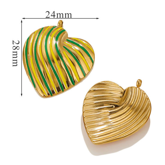 Picture of 1 Piece Eco-friendly Vacuum Plating 304 Stainless Steel Valentine's Day Charms 18K Gold Plated Green & Yellow Heart Stripe Enamel 28mm x 24mm