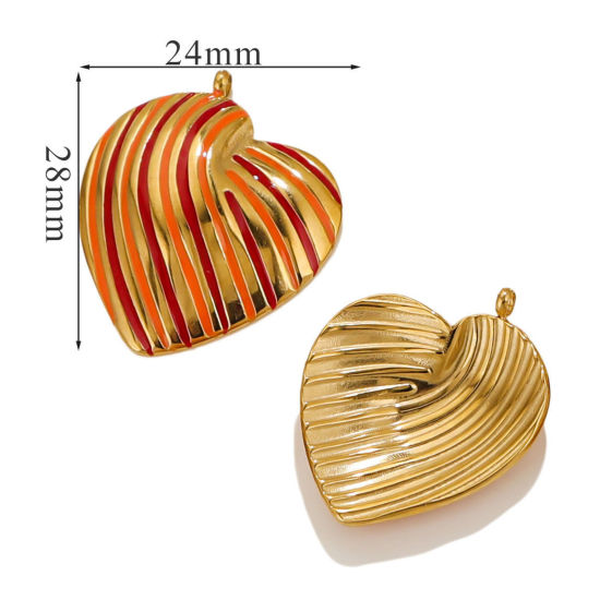 Picture of 1 Piece Eco-friendly Vacuum Plating 304 Stainless Steel Valentine's Day Charms 18K Gold Plated Orange & Red Heart Stripe Enamel 28mm x 24mm