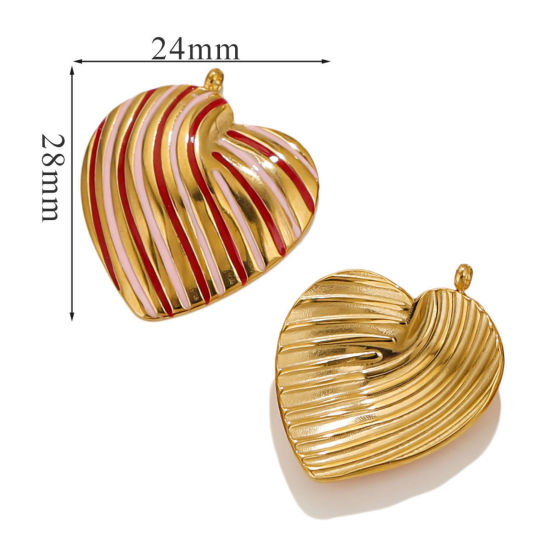 Picture of 1 Piece Eco-friendly Vacuum Plating 304 Stainless Steel Valentine's Day Charms 18K Gold Plated Red & Pink Heart Stripe Enamel 28mm x 24mm
