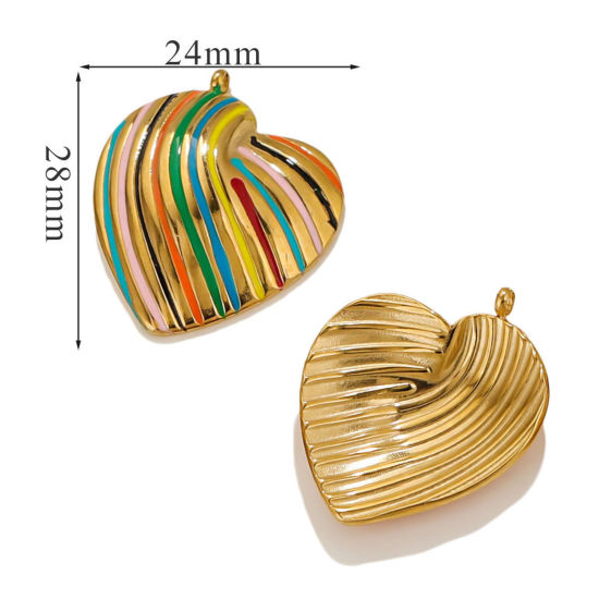 Picture of 1 Piece Eco-friendly Vacuum Plating 304 Stainless Steel Valentine's Day Charms 18K Gold Plated Multicolor Heart Stripe Enamel 28mm x 24mm