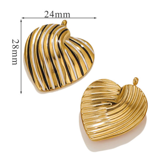 Picture of 1 Piece Eco-friendly Vacuum Plating 304 Stainless Steel Valentine's Day Charms 18K Gold Plated Black & White Heart Stripe Enamel 28mm x 24mm