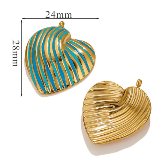 Picture of 1 Piece Eco-friendly Vacuum Plating 304 Stainless Steel Valentine's Day Charms 18K Gold Plated Skyblue Heart Stripe Enamel 28mm x 24mm