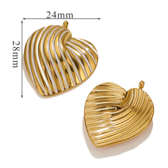 Picture of 1 Piece Eco-friendly Vacuum Plating 304 Stainless Steel Valentine's Day Charms 18K Gold Plated White Heart Stripe Enamel 28mm x 24mm