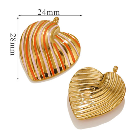 Picture of 1 Piece Eco-friendly Vacuum Plating 304 Stainless Steel Valentine's Day Charms 18K Gold Plated Pink Heart Stripe Enamel 28mm x 24mm