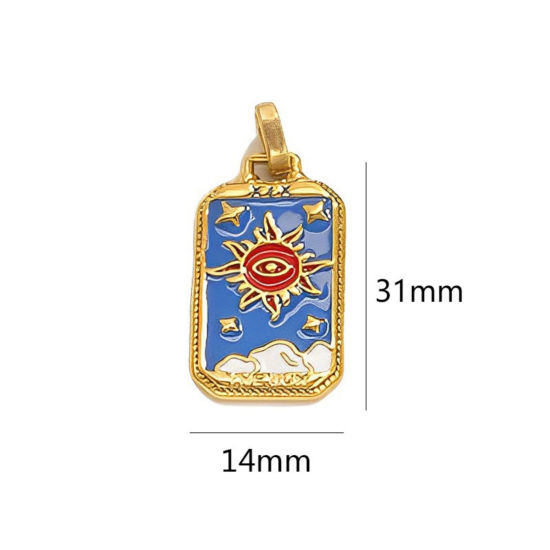 Image de 1 Pièce Pendentifs en 304 Acier Inoxydable Placage Sous Vide Écologique Tarot Rectangle Plaqué Or 18K Bleu Soleil Émail 3.1cm x 1.4cm