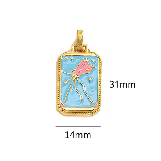 Image de 1 Pièce Pendentifs en 304 Acier Inoxydable Placage Sous Vide Écologique Tarot Rectangle Plaqué Or 18K Bleu Ciel Émail 3.1cm x 1.4cm