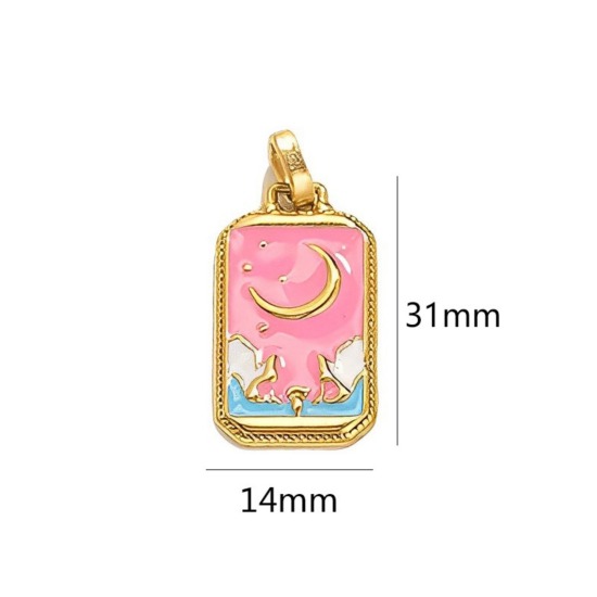 Image de 1 Pièce Pendentifs en 304 Acier Inoxydable Placage Sous Vide Écologique Tarot Rectangle Plaqué Or 18K Rose Lune Émail 3.1cm x 1.4cm
