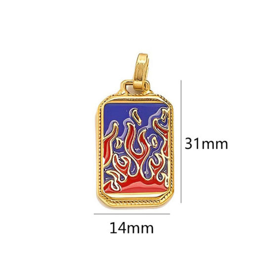 Image de 1 Pièce Pendentifs en 304 Acier Inoxydable Placage Sous Vide Écologique Tarot Rectangle Plaqué Or 18K Bleu Foncé Feu Flamme Émail 3.1cm x 1.4cm