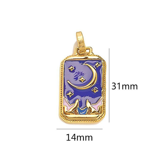 Image de 1 Pièce Pendentifs en 304 Acier Inoxydable Placage Sous Vide Écologique Tarot Rectangle Plaqué Or 18K Bleu Foncé & Pourpre Lune Émail 3.1cm x 1.4cm