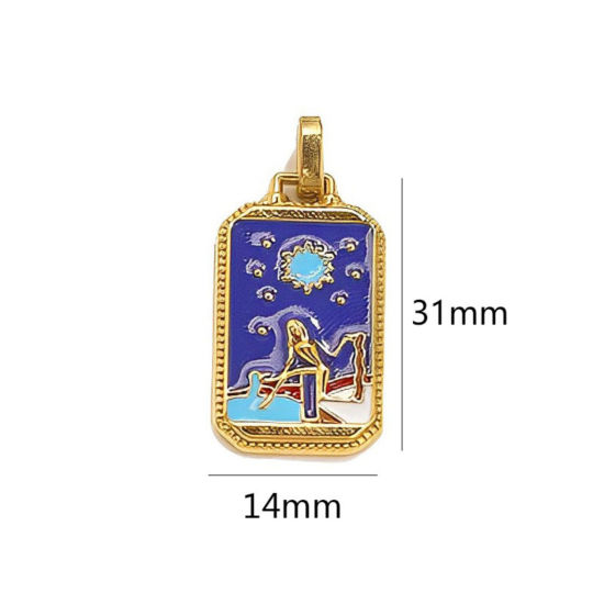 Image de 1 Pièce Pendentifs en 304 Acier Inoxydable Placage Sous Vide Écologique Tarot Rectangle Plaqué Or 18K Bleu Foncé Fille Émail 3.1cm x 1.4cm