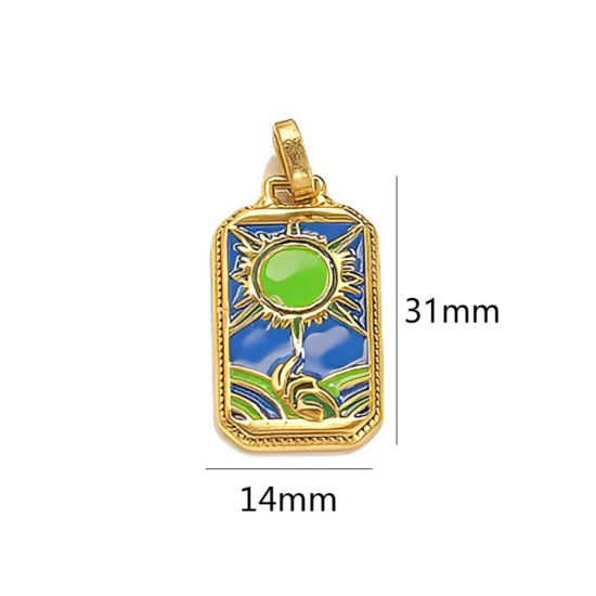 Image de 1 Pièce Pendentifs en 304 Acier Inoxydable Placage Sous Vide Écologique Tarot Rectangle Plaqué Or 18K Bleu Soleil Émail 3.1cm x 1.4cm