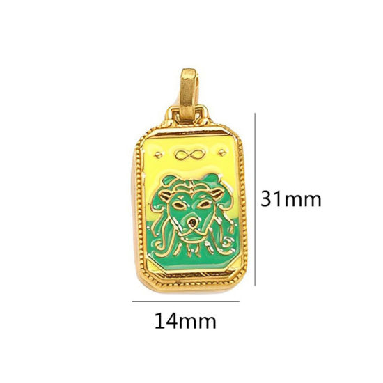 Image de 1 Pièce Pendentifs en 304 Acier Inoxydable Placage Sous Vide Écologique Tarot Rectangle Plaqué Or 18K Jaune Pâle & Vert Lion Émail 3.1cm x 1.4cm