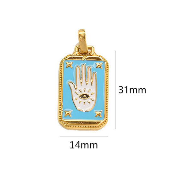 Image de 1 Pièce Pendentifs en 304 Acier Inoxydable Placage Sous Vide Écologique Tarot Rectangle Plaqué Or 18K Bleu Ciel Khamsa Symbole Paume Émail 3.1cm x 1.4cm