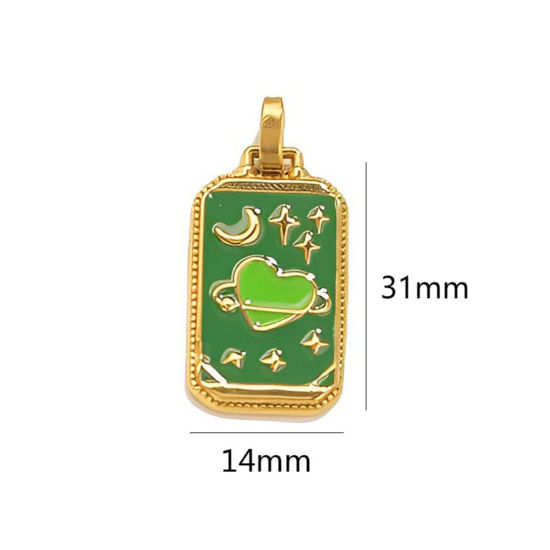 Image de 1 Pièce Pendentifs en 304 Acier Inoxydable Placage Sous Vide Écologique Tarot Rectangle Plaqué Or 18K Vert Cœur Émail 3.1cm x 1.4cm