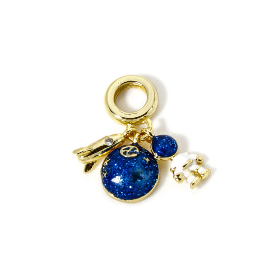 Imagen de 1 Unidad Latón Galaxia Cuentas de Encanto Colgantes Chapado en Oro de 18K Azul Esmalte Planeta Astronauta Claro Circón Artificial 23mm