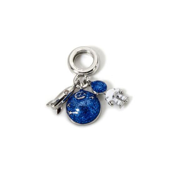 Imagen de 1 Unidad Latón Galaxia Cuentas de Encanto Colgantes Platino Chapado Azul Esmalte Planeta Astronauta Claro Circón Artificial 23mm