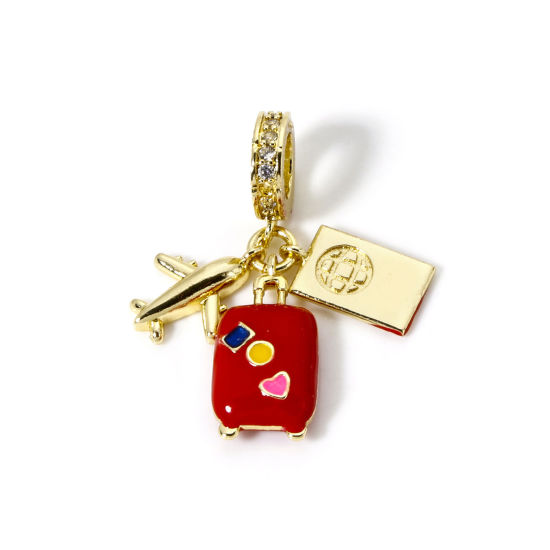 Imagen de 1 Unidad Latón Viajar Cuentas de Encanto Colgantes Chapado en Oro de 18K Rojo Esmalte Maleta con Ruedas Avión Claro Circón Artificial 3.2cm